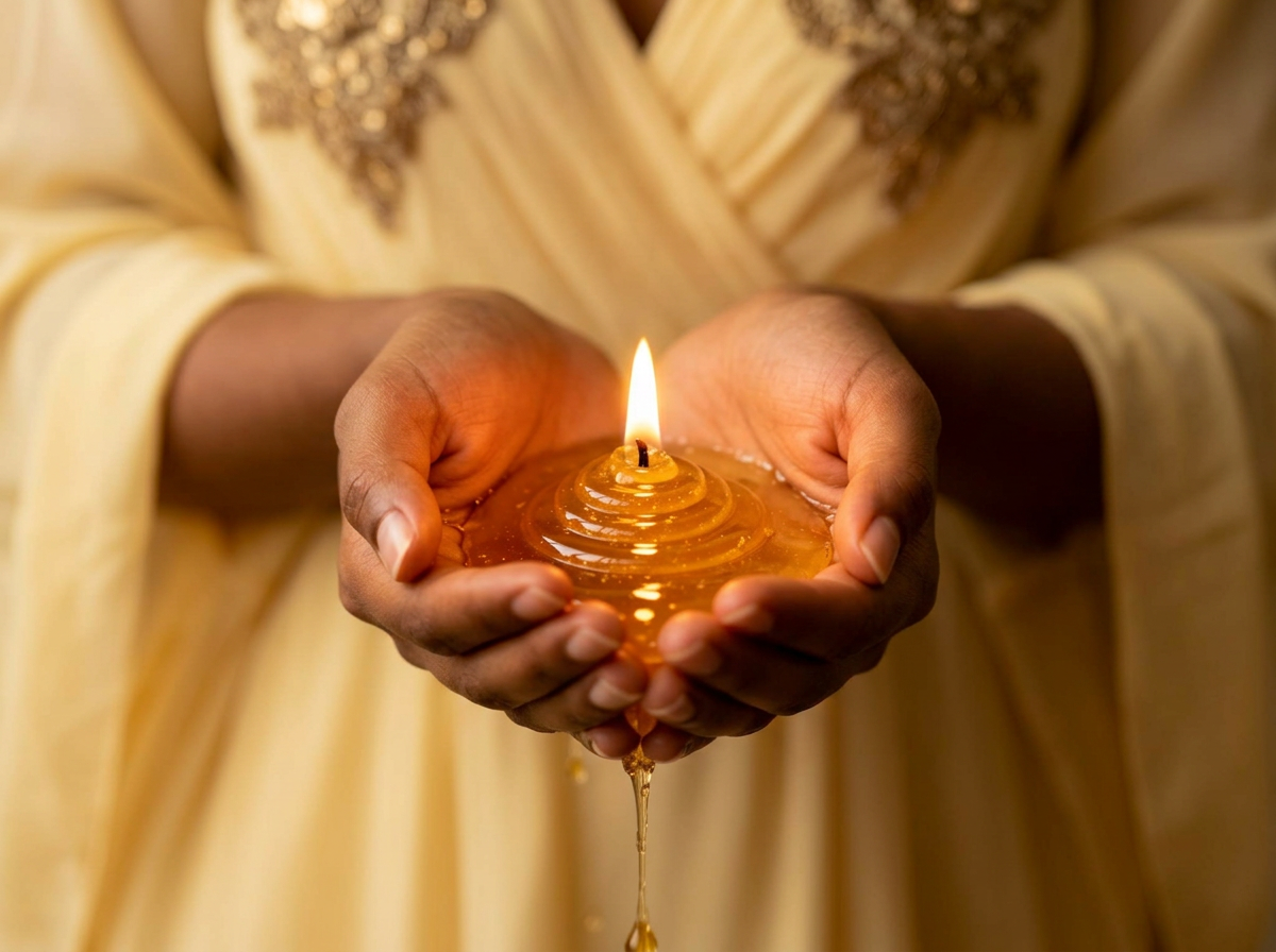 Warm olive hands holding a candle in golden honey